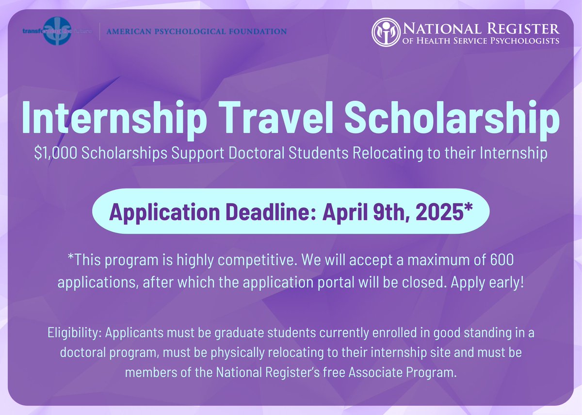 📢 Now Accepting Applications for the Internship Travel Scholarship! 🎉

These $1,000 awards help doctoral students cover costs when relocating for accredited internships. We’re awarding 80 scholarships in 2025!

Apply now: nationalregister.org/tools-services…
#PsychologyStudents #Internship