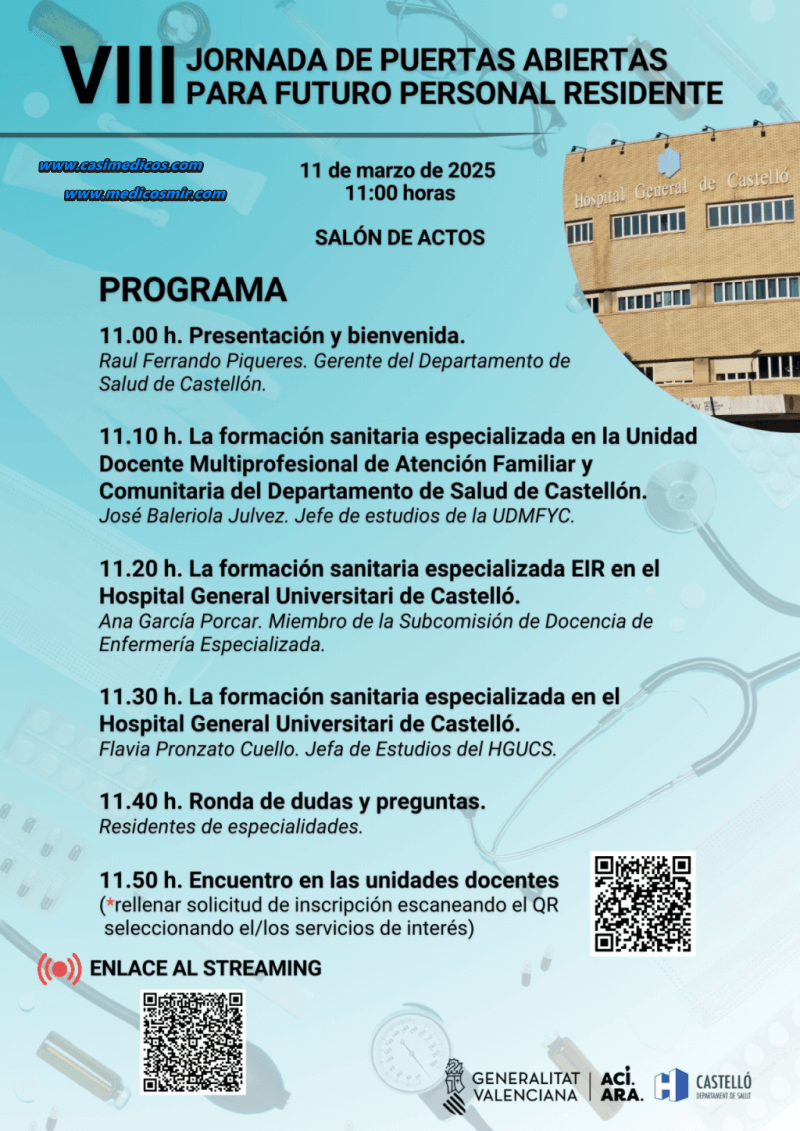 casimedicos's tweet photo. JORNADA PUERTAS ABIERTAS 2025 – HOSPITAL GENERAL UNIVERSITARIO CASTELLÓN 11 de marzo https://t.co/2HF2EeVz7C #POSTMIR #examenMIR #residentes #JornadasPostMIR #JORNADASResidentes #médicos #MIR #MIR25 #2MIR25 #TwitterMIR #MIRTwitter #MIR2025 #medicina @GVAdepsalutcs https://t.co/Yx5ManN6yH