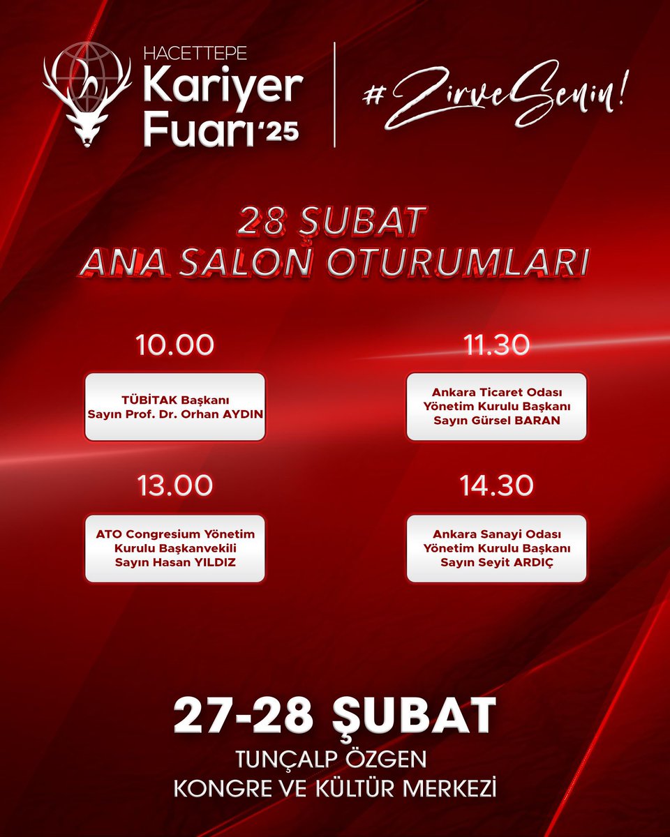Hacettepe Kariyer Fuarı’25, ilham veren ana salon konuşmacılarıyla sizlerle! 🤩

28 Şubat tarihinde Tunçalp Özgen Kongre ve Kültür Merkezi’nde gerçekleşecek oturumları ile karşınızda! ♥️✨

Detaylı bilgi için <a href="/huksf/">Hacettepe Kariyer Fuarı</a> Instagram hesabını ziyaret edebilirsiniz.