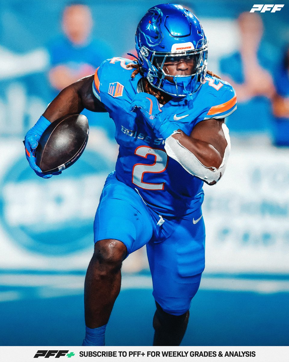 PFF's tweet image. Ashton Jeanty set PFF college records in 2024:

🏆 96.6 rushing grade
🏆 1,970 yards after contact
🏆 151 missed tackles forced