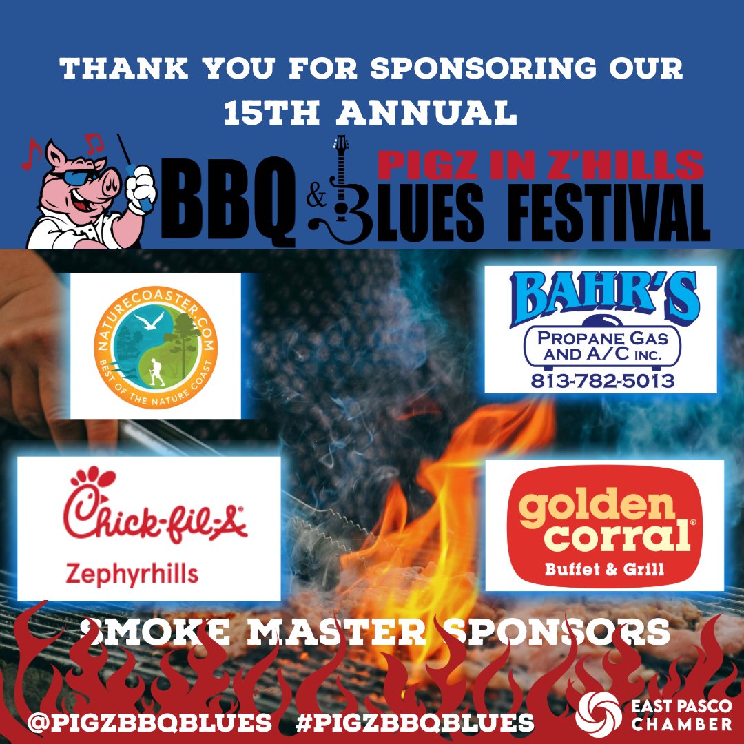 A huge thank you to NatureCoaster, Bahr's Propane Gas &amp; A/C, Inc., Chick-fil-A Zephyrhills, Golden Corral Buffet &amp; Grill (6855 Gall Blvd., Zephyrhills, FL)  for sponsoring the 15th Annual Pigz in Z'Hills BBQ &amp; Blues Festival! Your support means the world to us!