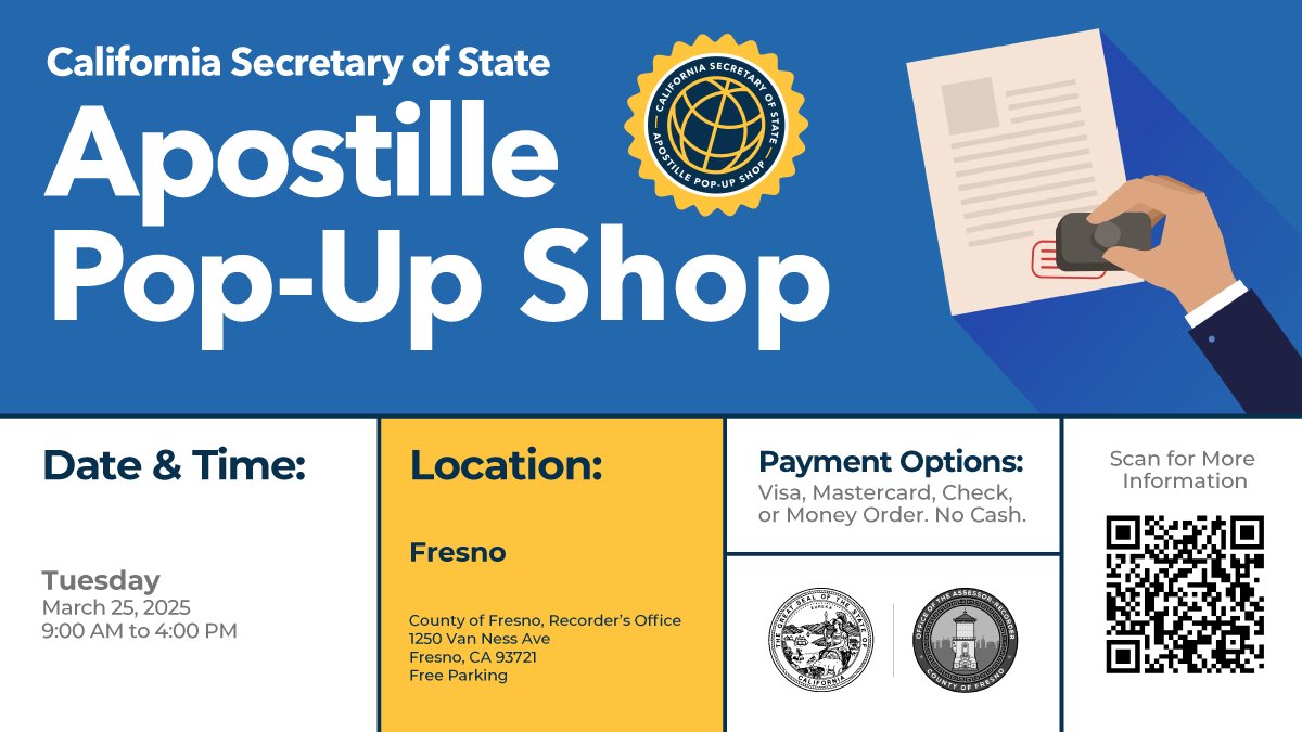 California Secretary of State (@casosvote) on Twitter photo 📣 Apostille Pop-Up Shop Alert! 📣 Need a document authenticated for use abroad? ✈️ Come to the <a href="/FresnoCountyCA/">County of Fresno</a> Recorder's Office on March 25th to get them authenticated! 🌐️ Visit sos.ca.gov/notary/request… for more information. 📣 Apostille Pop-Up Shop Alert! 📣 Need a document authenticated for use abroad? ✈️ Come to the <a href="/FresnoCountyCA/">County of Fresno</a> Recorder's Office on March 25th to get them authenticated! 🌐️ Visit sos.ca.gov/notary/request… for more information.