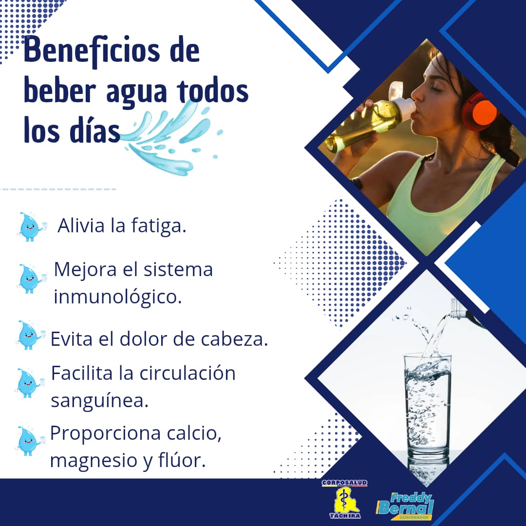 Desde la Corporación de Salud, te recomendamos tomar al menos 8 vasos de agua al día, esto te ayudará a aliviar la fatiga, mientras mejora el sistema inmunológico, evita el dolor de cabeza y facilita la circulación sanguínea.
<a href="/NicolasMaduro/">Nicolás Maduro</a> 
<a href="/FreddyBernal/">Freddy Bernal</a>