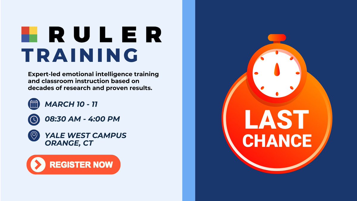 ⏳ Last chance to register! ⏳ Train at Yale in the adult-first, whole-school approach based on decades of SEL research 3/10-11. 👉 Register rulerapproach.org/ruler-in-perso…
#SEL
#EdChat
#EdTech
#Education
#ProfessionalDevelopment