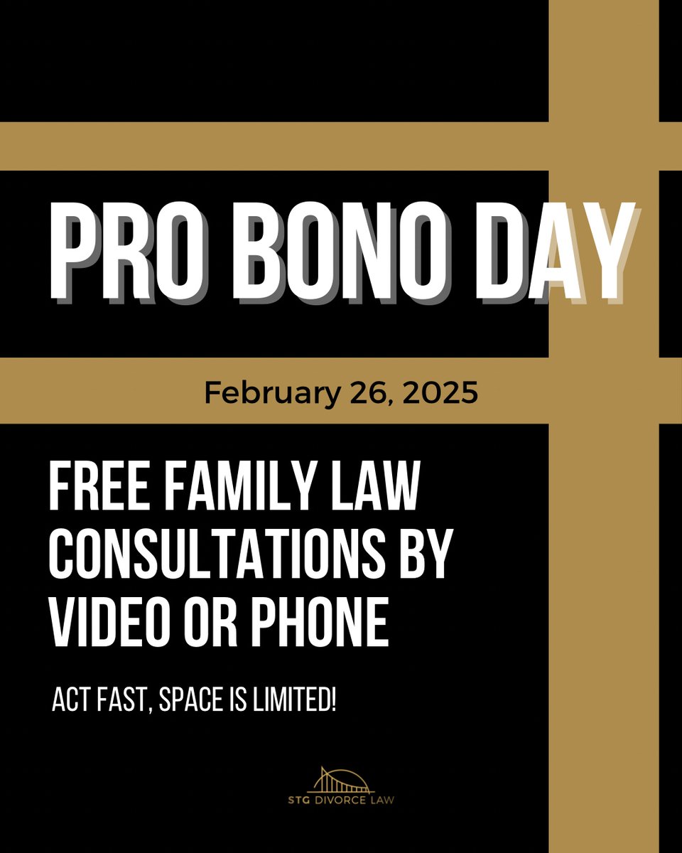 Only 2 Days Left – Free Legal Consultations on Feb 26!

Need legal advice on divorce, custody, or alimony? STG Divorce Law’s Pro Bono Day is this Wednesday, Feb 26, 1:00 - 4:00 PM. Free 30-minute consultations via video or phone. Get trusted legal guidance—at no cost.

🗓️  Ap...