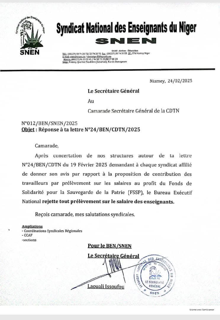 first_niger's tweet photo. Après le #SUSAS, le #Syndicat national des #Enseignants du Niger (#SNEN), affilié à la #CDTN, rejette tout prélèvement sur salaire au profit du #Fonds de Solidarité pour la Sauvegarde de la Patrie (#FSSP). https://t.co/I1L3VrBGZs
