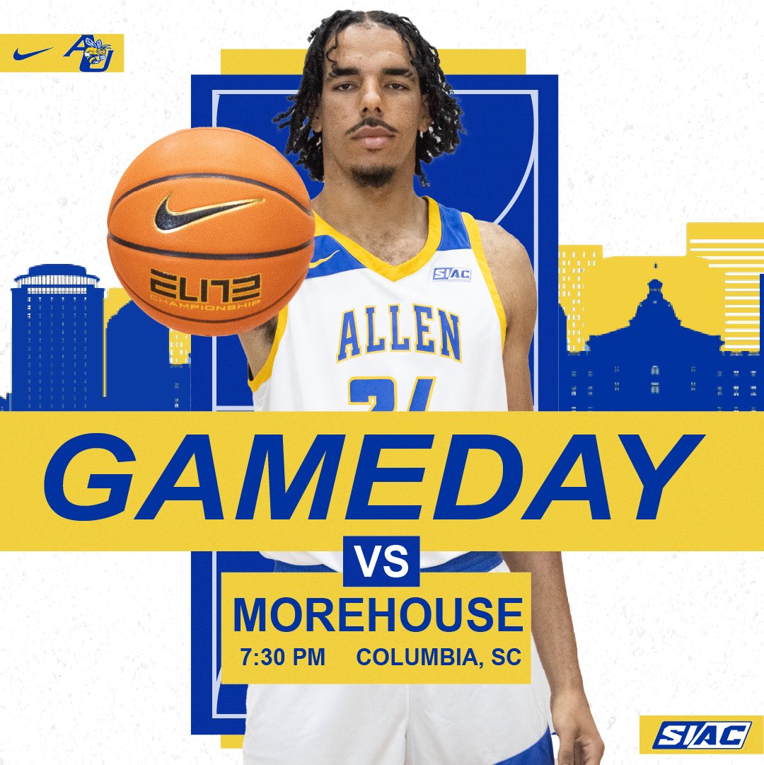 Allen University Athletics (@auyellowjackets) on Twitter photo 🏀 𝐆𝐀𝐌𝐄𝐃𝐀𝐘 🏀
<a href="/AllenUMBB/">Allen University Men’s Basketball</a> is back at home tonight!
🆚 Morehouse
📍John Hurst Adams Gym
⏰ 7:30 PM
📺 SIACnetwork.tv/AUYellowjacket… 🏀 𝐆𝐀𝐌𝐄𝐃𝐀𝐘 🏀
<a href="/AllenUMBB/">Allen University Men’s Basketball</a> is back at home tonight!
🆚 Morehouse
📍John Hurst Adams Gym
⏰ 7:30 PM
📺 SIACnetwork.tv/AUYellowjacket…