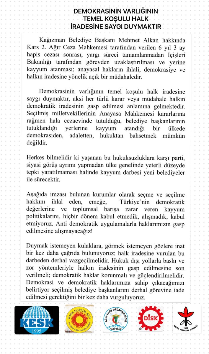Kayyum uygulamaları ile irade gaspına son verilmeli, halkın iradesi esas alınmalıdır.