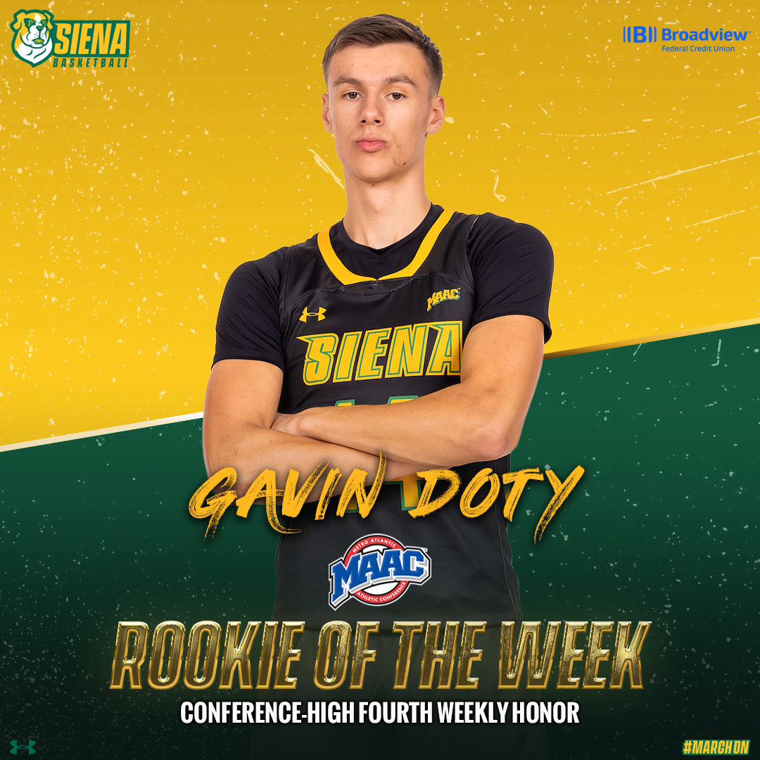 Siena Saints (@sienasaints) on Twitter photo 🔙2⃣🔙
🏅 For the second straight week - and <a href="/MAACHoops/">#MAACHoops</a> high fourth time this season - <a href="/SienaMBB/">Siena Basketball</a> freshman standout <a href="/DotyGavin/">Gavin Doty</a> is your <a href="/HerculesTires/">Hercules Tires</a> #MAACHoops Rookie of the Week 👏
📰 t.ly/4yPBO
#MarchOn x #SienaSaints x #NCAAM 🔙2⃣🔙
🏅 For the second straight week - and <a href="/MAACHoops/">#MAACHoops</a> high fourth time this season - <a href="/SienaMBB/">Siena Basketball</a> freshman standout <a href="/DotyGavin/">Gavin Doty</a> is your <a href="/HerculesTires/">Hercules Tires</a> #MAACHoops Rookie of the Week 👏
📰 t.ly/4yPBO
#MarchOn x #SienaSaints x #NCAAM
