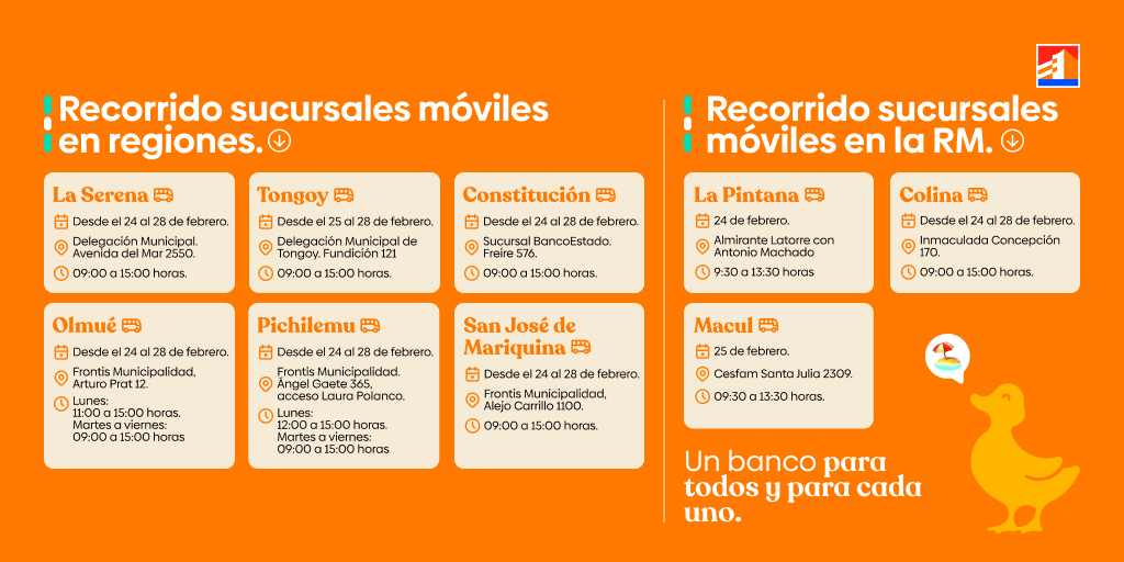 BancoEstado's tweet photo. No importa dónde estés, nuestras #SucursalesMóvilesBE #BancoEstado se acercan a ti para resolver lo que necesites. 🚚 Esta semana seguimos recorriendo el país para ayudarte con trámites rápidos y sencillos. 🧡 Encuentra tu sucursal móvil más cercana. 📍 #BancoEstadoExpress https://t.co/LAOSYKR2rJ