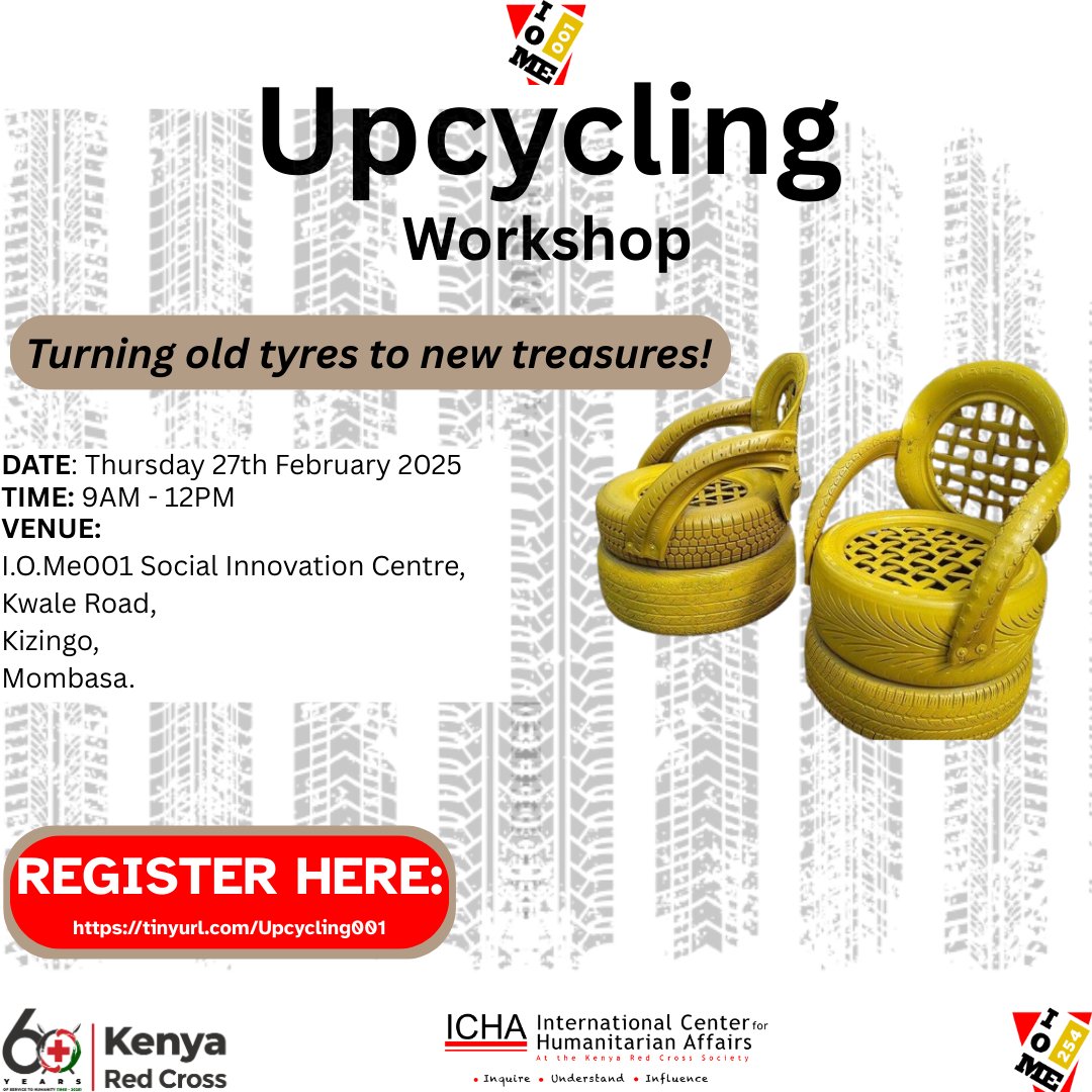 I.O.Me Innovation Labs (@iome254) on Twitter photo 🛞 Rev up your creativity! ✨ Join us for an Upcycling Workshop where we’ll transform used tyres into stunning, functional art! 🌟 Perfect for eco-warriors and DIY lovers. ♻
<a href="/icha_krc/">International Centre for Humanitarian Affairs</a> <a href="/KenyaRedCross/">Kenya Red Cross</a>
#Upcycle #TyresToTreasure #KRCSat60 🛞 Rev up your creativity! ✨ Join us for an Upcycling Workshop where we’ll transform used tyres into stunning, functional art! 🌟 Perfect for eco-warriors and DIY lovers. ♻
<a href="/icha_krc/">International Centre for Humanitarian Affairs</a> <a href="/KenyaRedCross/">Kenya Red Cross</a>
#Upcycle #TyresToTreasure #KRCSat60