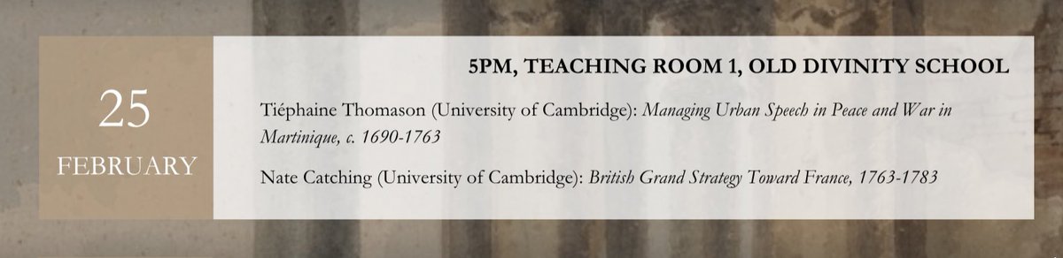 Our next session of the term is tomorrow evening at 5pm in Teaching Room 1, Old Divinity School! We’re delighted to welcome Nate Catching and Tiéphaine Thomason to speak on war and peace in France and Martinique 🕊️ 

Join us in person or online (message for a Teams link)