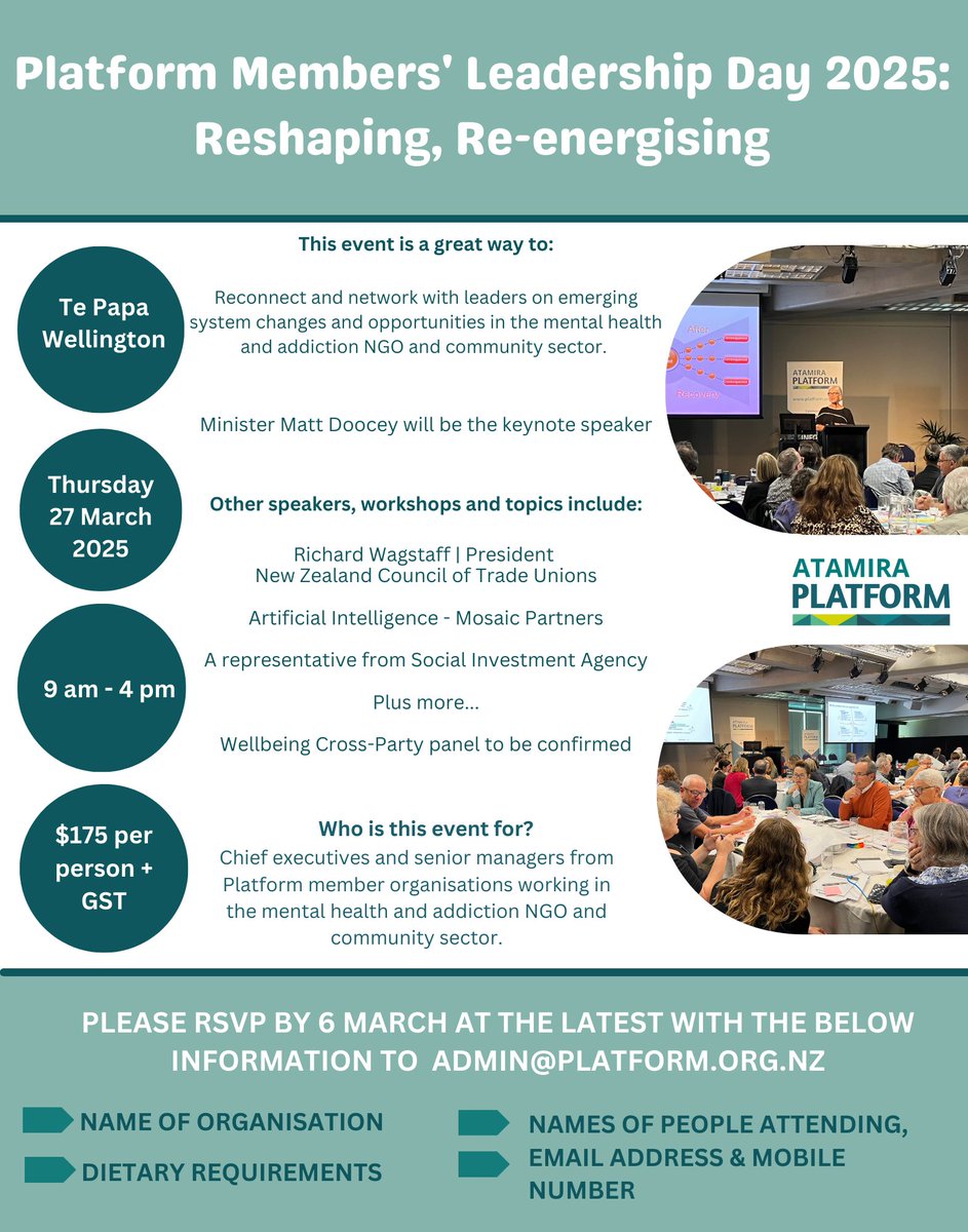 Platform Members Leadership Day
Date &amp; Time: Thursday, 27 March 2025, 9 am – 4 pm
Location: Te Papa Tongarewa Museum of New Zealand, Wellington
Cost: $175 per person + GST
Please email admin@platform.org.nz with your Name number, email address, and Dietary requirements.