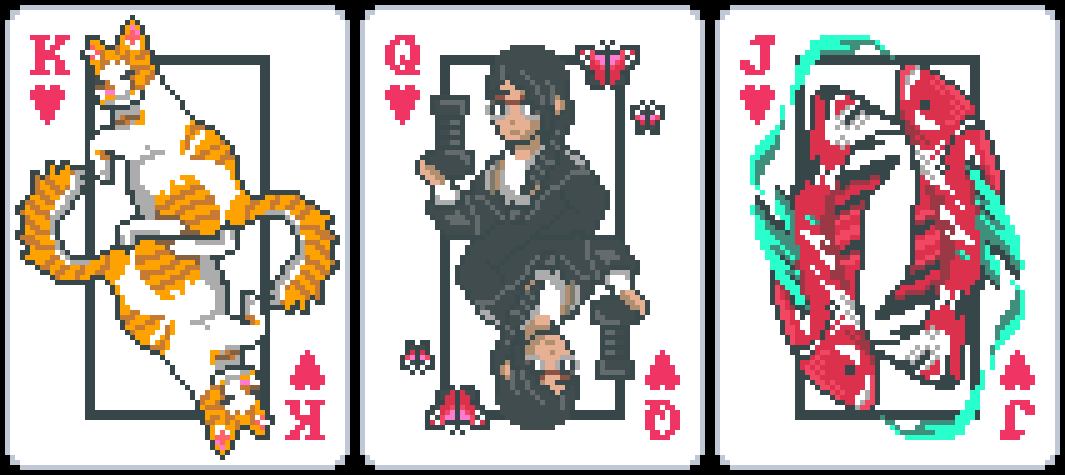 CharlesTheRex's tweet photo. Something I made for friend as a gift. Also first time modding stuff myself. (K - her cat, Q - Herself, J - her pet fish)

  #Balatro  #pixelart  #ドット絵 #pixelartist https://t.co/Vwsu5l8dpe