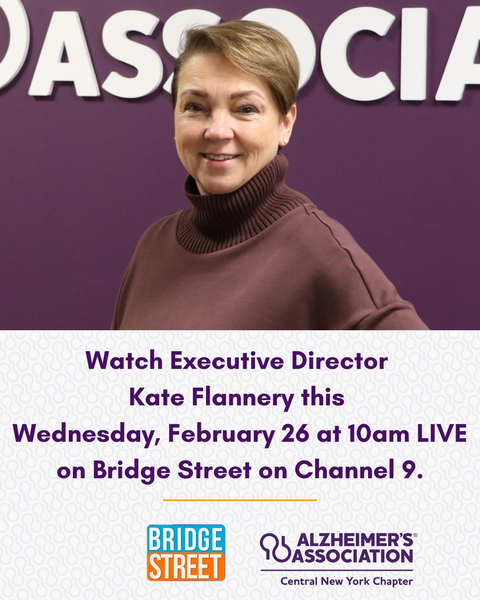 alzcny's tweet image. Our Executive Director, Kate Flannery, will be a guest this Wednesday, February 26 at 10am on Bridge Street on Channel 9. Tune in to watch Kate as she discusses all things Alzheimer's and dementia related in the CNY area.