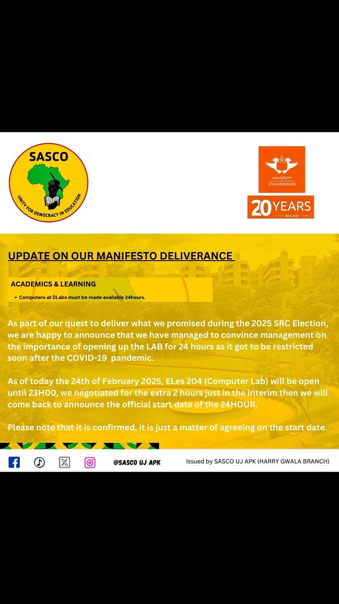 UjApksasco's tweet photo. Great news! ELes 204 (Computer Lab) will now be open until 23H00 starting today, 24 Feb 2025. We've successfully convinced management to extend the hours, with a 24-hour schedule coming soon—just awaiting the official start date. Stay tuned! #ExtendedLabHours 💛💚🖤❤️ https://t.co/UVqWaBJ9vH