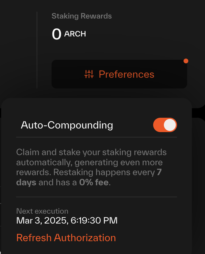 Last Friday, you might have missed it, but <a href="/archwayHQ/">Archway 🟠</a> became the first chain to introduce "Permissionless Auto Restaking."

This means you can now automatically restake your ARCH rewards—no more manual claiming and restaking. No more constantly having to search for and enter your