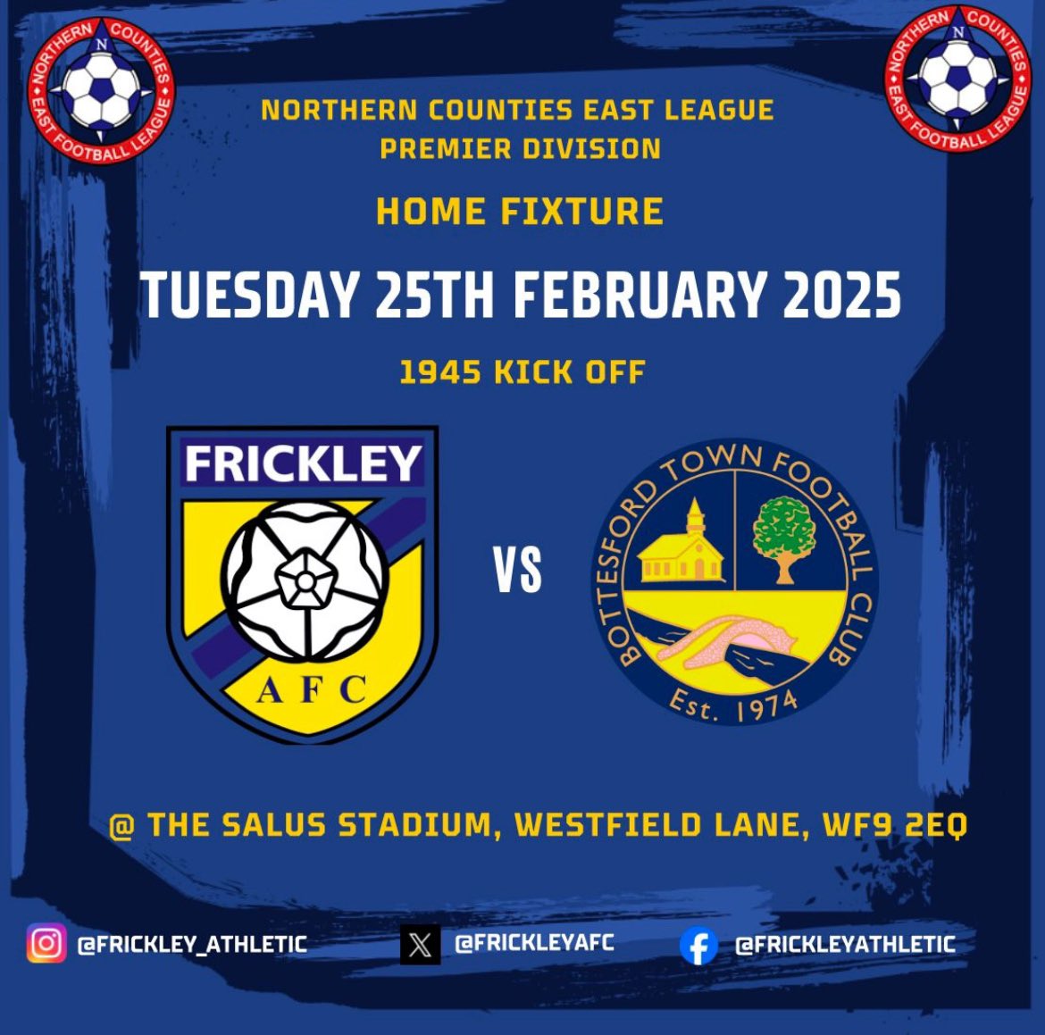 Match Preview - Tuesday 25th February 2025

Another huge NCEL game under the light’s as we welcome <a href="/BottesfordTown/">Bottesford Town FC</a> to the Wezzie, kick off is at 7:45pm

A big thank you to <a href="/ElmsallFc/">South Elmsall United Services FC</a> for sponsoring tomorrow’s fixture

frickleyathletic.co.uk/match-preview-…

🔵⚪️🔵

#forzafrickley