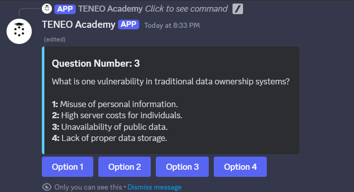 Mohamma32970590's tweet photo. Teneo quiz answers
Chapter 1 
1. individuals have no control over their data
2. access and monetize social media data
3. misuse of personal information
4. rewards for contributing to teneo's...
5. limiting public access to data
6. by powering a decentralized network https://t.co/ITKCFQPo9L