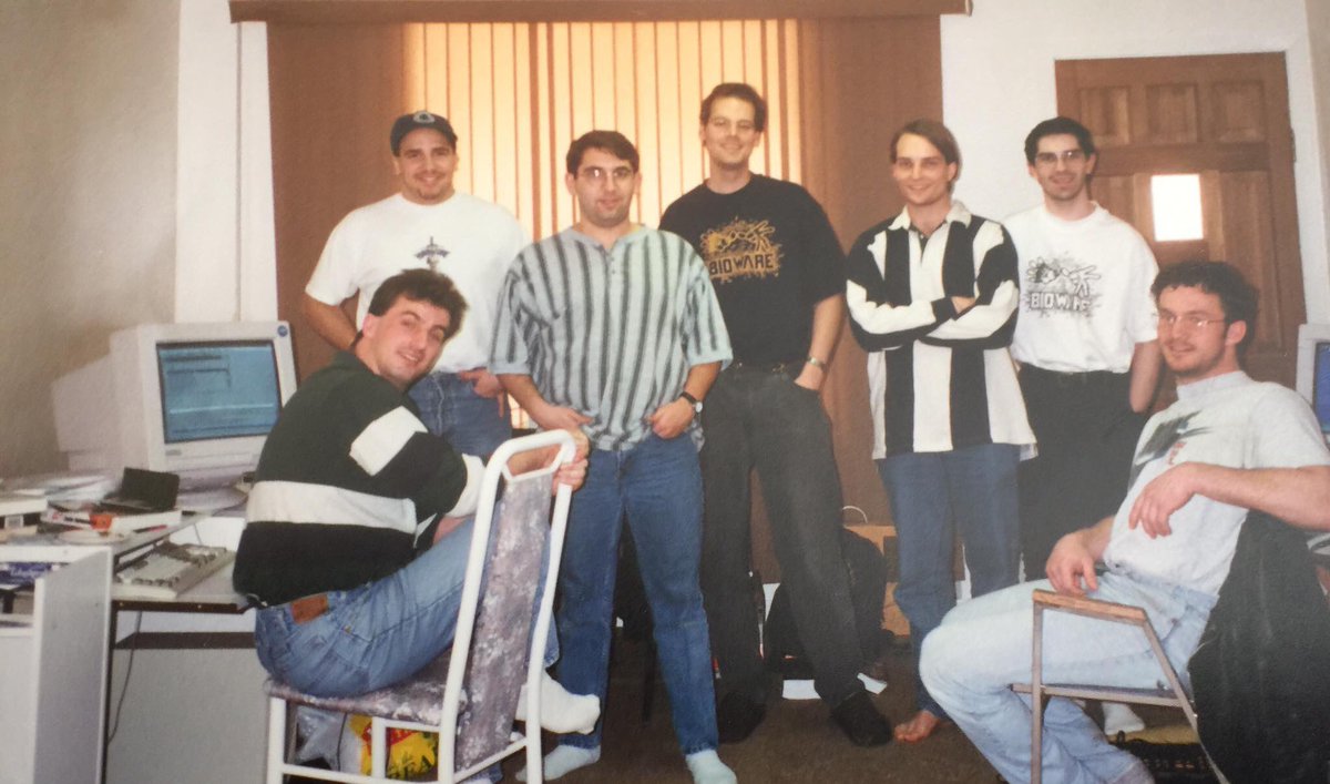 TrentOster's tweet photo. Here is the first Bioware staff picture. I think this was taken in the summer of 1995, soon after we founded the company.  Left to right: Brent Oster, Al Theriault, Rob Mackay, Ray Muzyka, Greg Zeschuk, John Winski and me, Trent Oster. https://t.co/jVeVaQMyq2