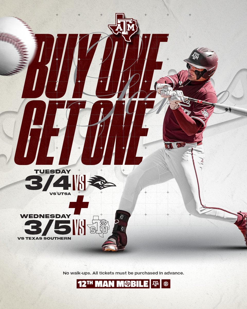AggieBaseball's tweet photo. 🎟️  Buy (1) GA game ticket to the 𝗧𝘂𝗲𝘀𝗱𝗮𝘆, 𝟯/𝟰 𝘃𝘀 𝗨𝗧𝗦𝗔 game and get (1) 𝗙𝗥𝗘𝗘 𝗴𝗮𝗺𝗲 𝘁𝗶𝗰𝗸𝗲𝘁 to the 𝗪𝗲𝗱𝗻𝗲𝘀𝗱𝗮𝘆, 𝟯/𝟱 𝘃𝘀 𝗧𝗲𝘅𝗮𝘀 𝗦𝗼𝘂𝘁𝗵𝗲𝗿𝗻 game. Must be purchased in advance of gameday. Tickets are discounted and limited for this promotion.

🔗  https://t.co/KAFgWxXfY3

#GigEm