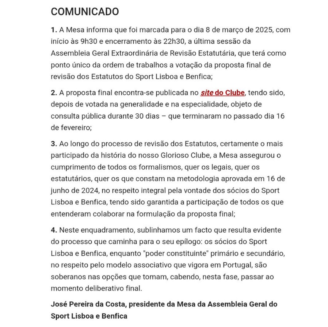 Sabado, dia 8 de Março, AG para votação dos Estatutos

É o dia mais importante do ano para o clube

Digamos presente, é um upgrade claro face ao documento actual

Viva o Sport Lisboa e Benfica dos sócios 🔴⚪️

LV
