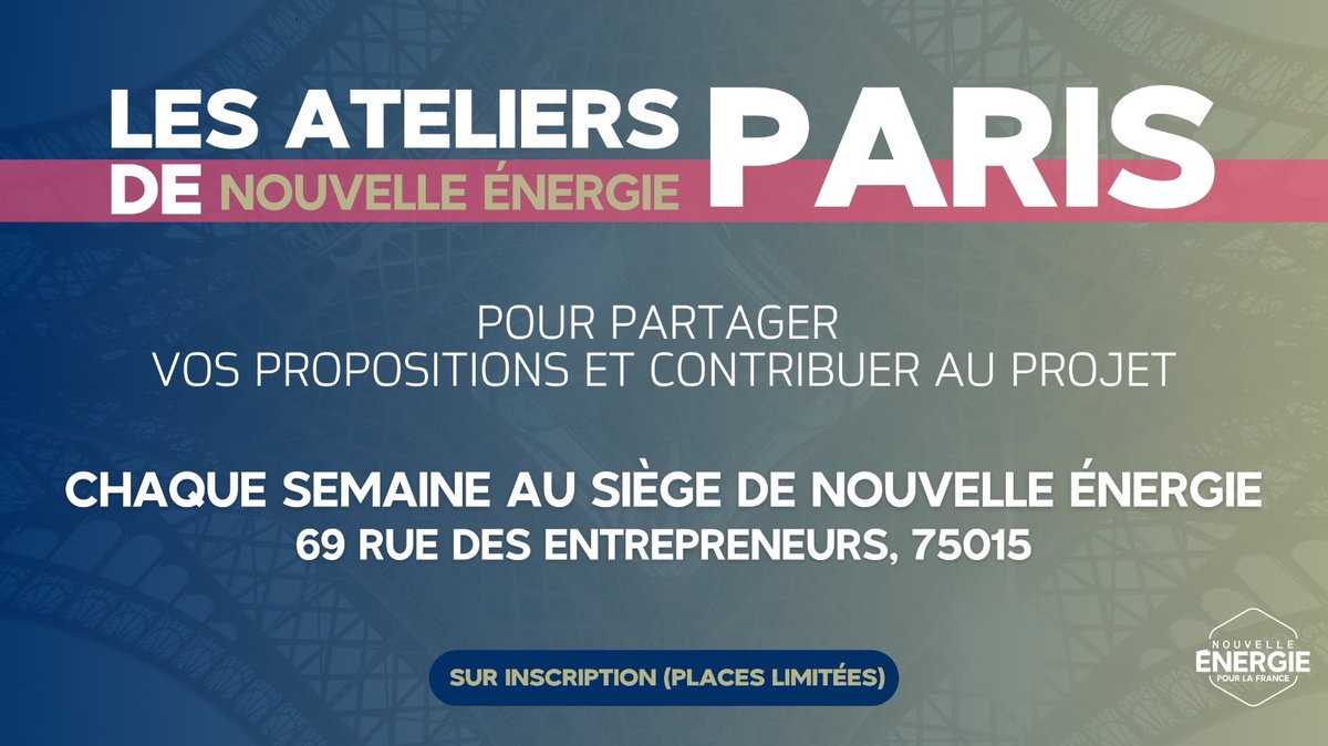 Les ateliers de Nouvelle Énergie Paris reprennent ! 

Participez au premier atelier demain sur la gouvernance de Paris avec <a href="/geoffroyboulard/">Geoffroy Boulard</a> .

➡️ Pour s’inscrire (places limitées) forms.gle/U4qSjskdcdCdJx…