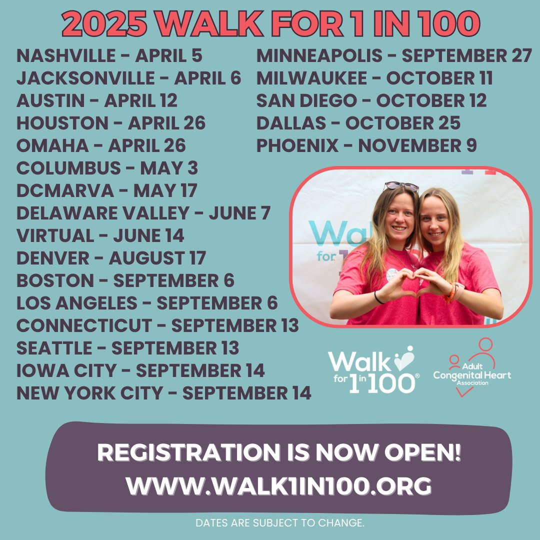 Just a reminder—Walk for 1 in 100 is officially here! This year, we're walking at 20 locations nationwide with a virtual option, too. Be one of the 5,000 people joining together to support the #CHD community and help us reach our $800,000 fundraising goal for 2025. Sign up today