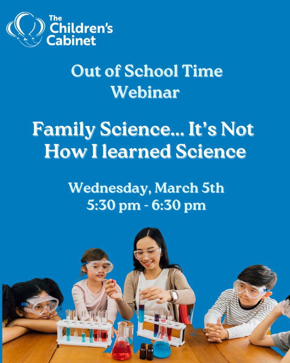 Don't miss this <a href="/ChldrnsCabnt/">TheChildren'sCabinet</a> webinar TONIGHT for OST Providers! Learn how to extend learning &amp; increase interest in SET through family science nights &amp; other strategies that involve parents in your afterschool program.
#ChildrensCabinet #OSTProfessionalDevelopment #NVOST