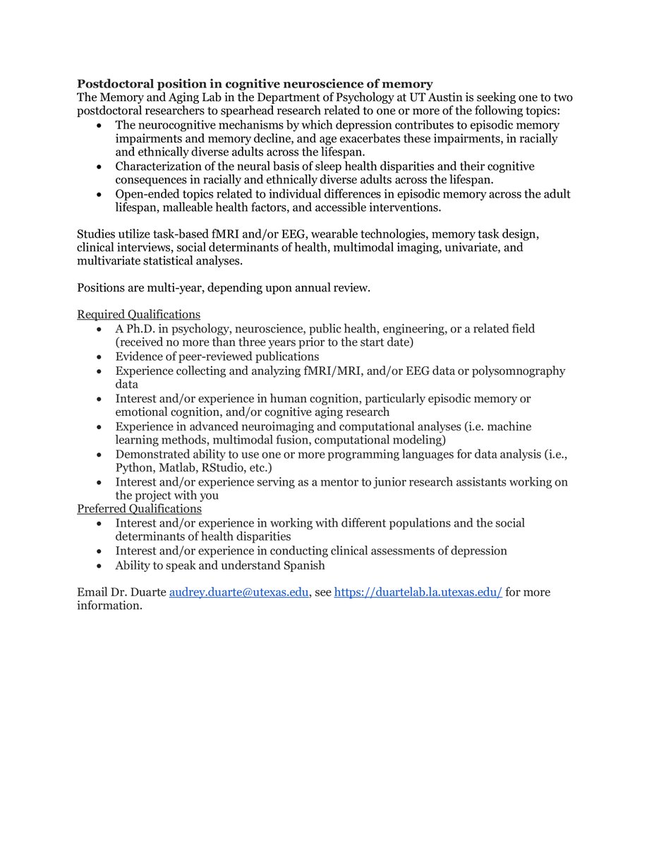 Postdoctoral positions in the cognitive neuroscience of memory at UT Austin! Please share
