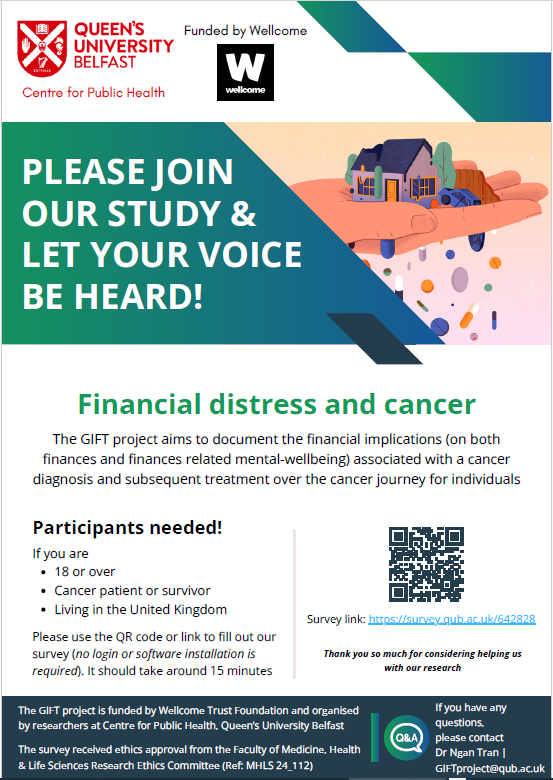 nicancertrials's tweet photo. 📢Please share/take part @CPH_QUB GIFT study important online survey https://t.co/A58oFRu68I looking at financial implications associated with a cancer diagnosis and treatment over the cancer journey for individuals. Open to cancer patients/survivors 18+ living in UK. https://t.co/gDFc8kb059