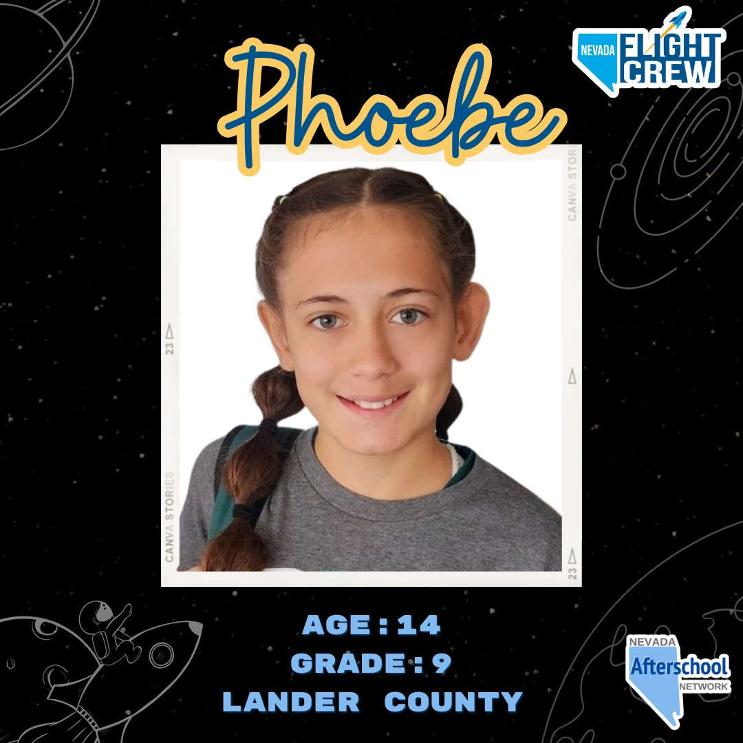 Meet Phoebe!🌟She is passionate about animals &amp; vet science. As a member of the #NVFlightCrew, she hopes to improve her public speaking skills while preparing for a bright future!
Keep up with the Flight Crew every #FlightCrewFriday! 🚀✨
#NVFC25 #GirlsinSTEM #NevadaSTEM #NVOST