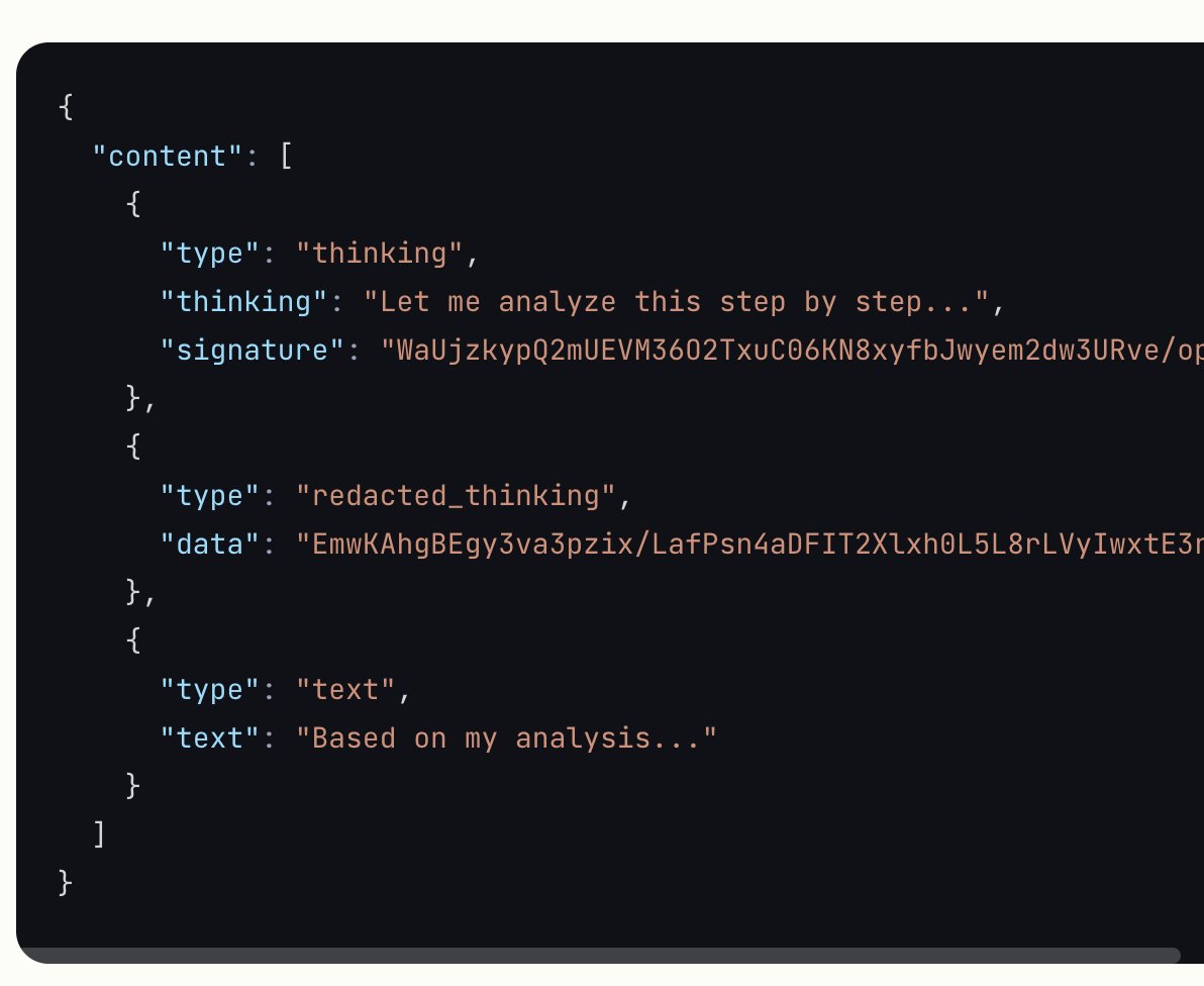 Claude 3.7 interesting additions:

* Thinking blocks now contain a "signature"
* There are now "redacted_thinking" blocks when internal reasoning is flagged by safety

"verifies that the thinking block was generated by Claude"