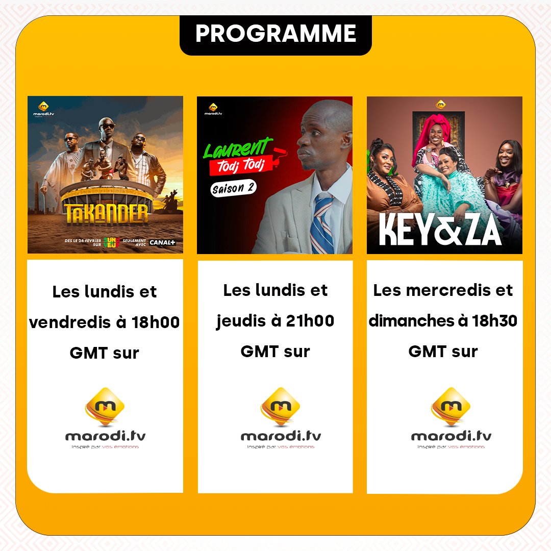 maroditv's tweet image. Découvrez votre nouvelle programmation ! 🎬

À noter, vous aurez 2 épisodes de votre série Takander chaque vendredi, et 1 épisode le lundi. Pour les autres séries, ce sera 1 épisode par jour de diffusion.

Bon visionnage ! 🍿

#maroditv #marodi #production #programme