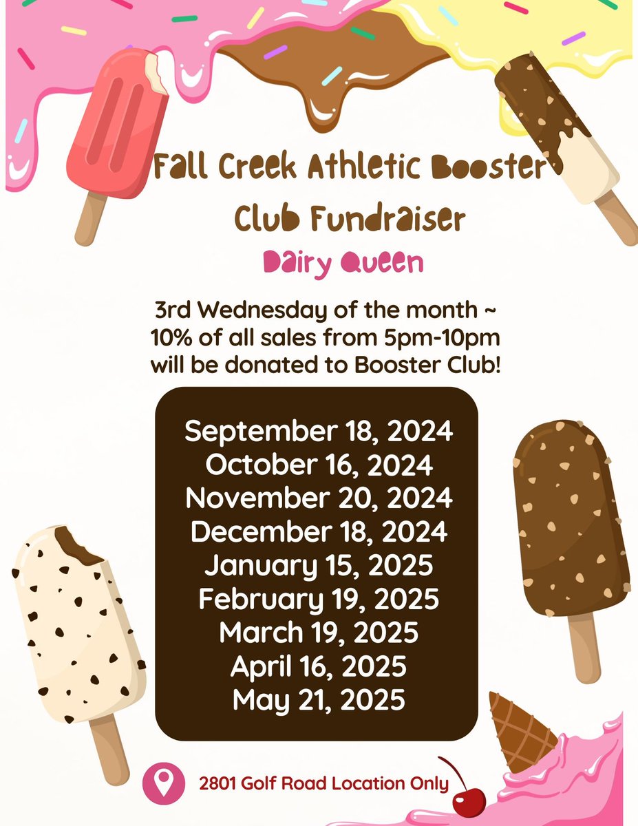 It's the final evening of our DQ Booster Club Fundraiser for the year! 🍦

From 5:00 PM to 10:00 PM, 10% of all sales will support our organization. Visit the Golf Road location, treat yourself to something delicious, and support our #GoCrickets students! 💚