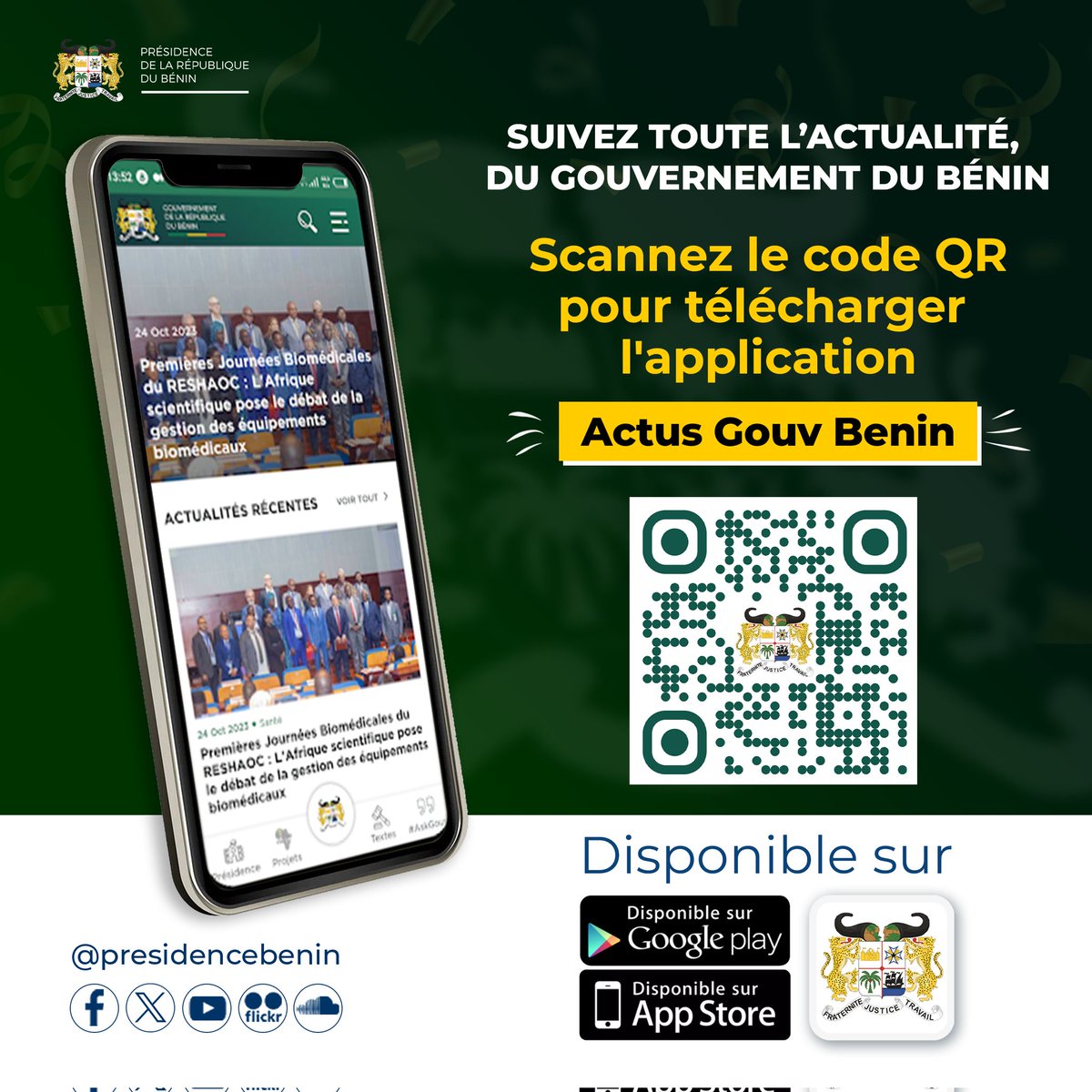 #Prbenin | #Wasexo | #ActusGouvBenin | 

🚨🔥 DÉCOUVREZ NOTRE NOUVELLE APPLICATION MOBILE « ACTUS GOUV BÉNIN »‼

Pour avoir toute l'actualité gouvernementale en temps réel et à portée de main, la Direction de la Communication à la Présidence de la République lance une nouvelle