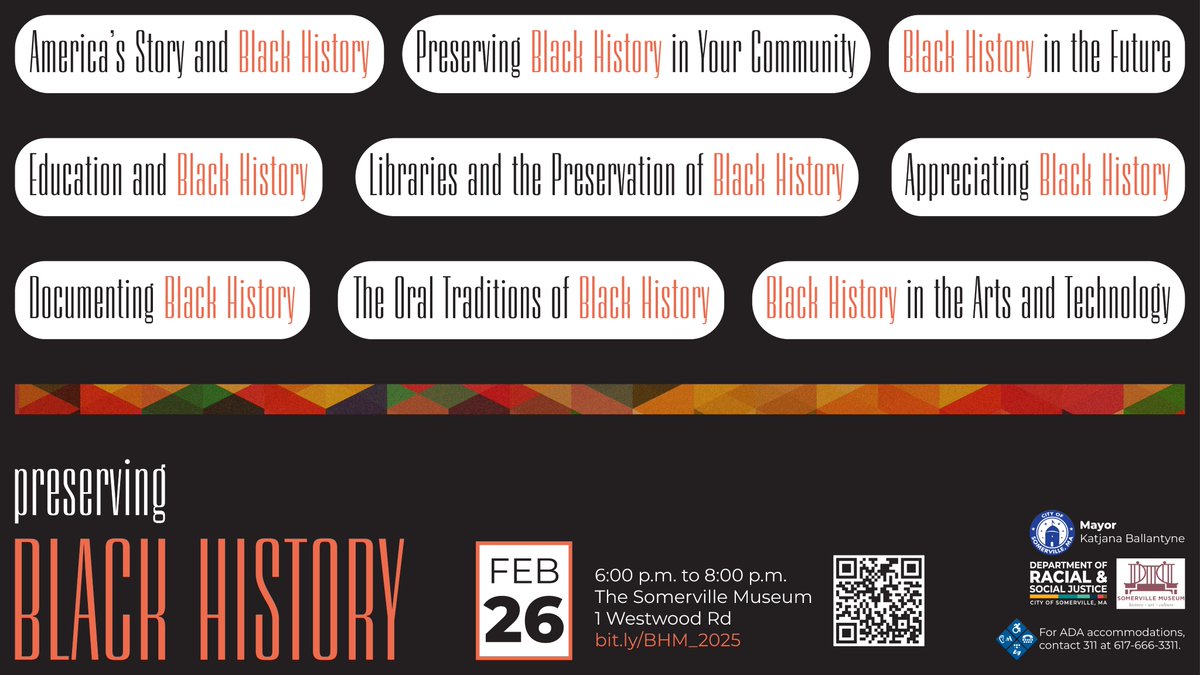 We're capping off #BlackHistoryMonth at the Somerville Museum to talk Black History, its impact on culture, how we preserve Black history in the future, and more.

Join us for this free event: bit.ly/BHM_2025