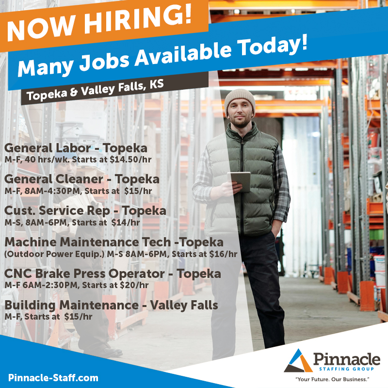 pinnaclegroups's tweet image. Jobs available in the Topeka area! Call to learn more &amp;amp; apply! 785.422.8111

#TopekaJobs #LaborJobs #CleaningJobs #JanitorialJobs #JanitorJobs #CustodianJobs #ServiceJobs #ServiceRepJobs #CNCJobs #BrakePressJobs #MaintenanceJobs #MaintenanceTechJobs #BuildingMaintenanceJobs