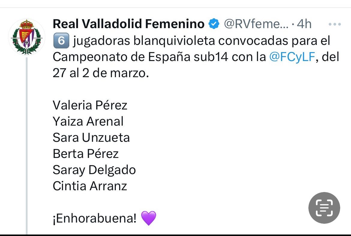 Muy contenta de ir con la <a href="/FCyLF/">RFCYLF</a> a disputar el Campeonato de España la próxima semana en Zaragoza <a href="/RVfemenino/">Real Valladolid Femenino</a> <a href="/realvalladolid/">Real Valladolid C.F.</a> <a href="/RVcantera/">Cantera Real Valladolid</a> <a href="/realvalladolidE/">Real Valladolid CF 🇬🇧🇺🇸💜</a>