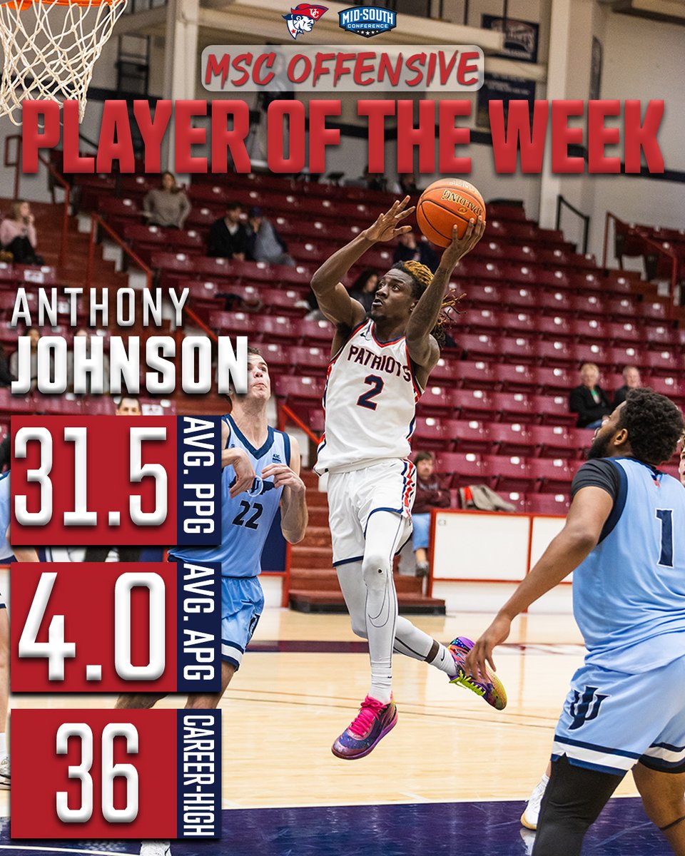 UCMBB's tweet photo. Another day, another MSC Player of the Week Sweep for the Pats 😤 

Johnson's 31.5 ppg and Morrice's 13 rebounds per game lead to a sweep of MSC weekly awards. The duo have now combined for 10 weekly honors for the year!!   

Read More: https://t.co/dlo6WEK5WR 

#OneBigTeam https://t.co/r1fmqG4Fac