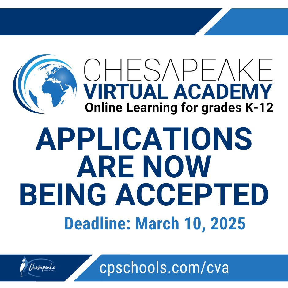 💻 The Chesapeake Virtual Academy (CVA) is accepting applications for the 2025-2026 school year. CVA offers full and part-time online learning for K-12 students in Chesapeake. 

 📝 The deadline to apply is March 10, 2025.

🔗cpschools.com/article/1951420