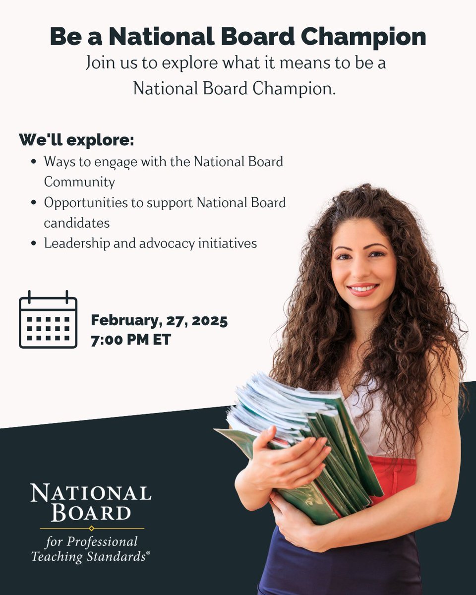 🙌 Be a #NationalBoardChampion! Join our webinar to learn how to support the NBCT community, mentor candidates, and advocate for teacher excellence. Register now!  #NBCT #TeamNBCT #TeacherLeadership hubs.ly/Q037XwgL0