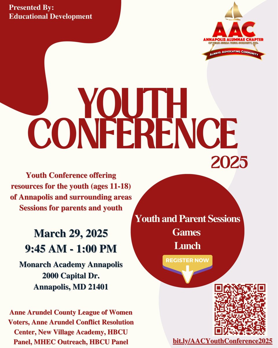 Join us for the Annapolis Alumnae Youth Conference 2025, offering resources for the youth (ages 11-18) and parents of Annapolis and surrounding areas.

Click the link in our bio to reserve your FREE seat today!

#AnnapolisAlumnae #youthconference <a href="/dstinc1913/">dstinc1913</a>  <a href="/easternregdst/">EasternRegionDST</a>