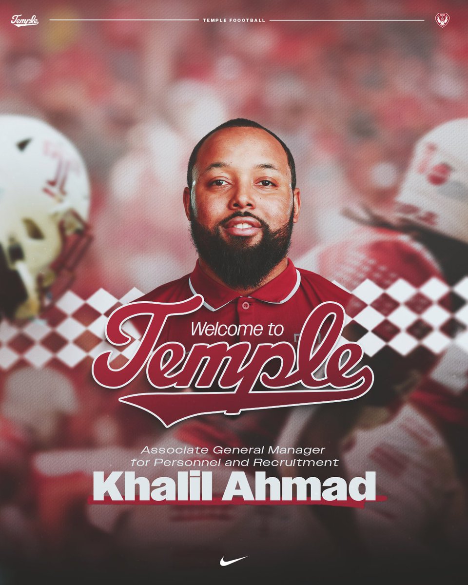 Temple Football (@temple_fb) on Twitter photo Please welcome <a href="/CoachAhmadTUFF/">Khalil Ahmad</a> to the team as our Associate General Manager for Personnel and Recruitment‼️ Excited for what’s ahead!
#TempleTUFF Please welcome <a href="/CoachAhmadTUFF/">Khalil Ahmad</a> to the team as our Associate General Manager for Personnel and Recruitment‼️ Excited for what’s ahead!
#TempleTUFF