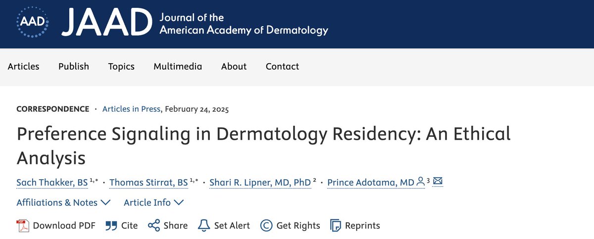 Sach Thakker (@sachthakker) on Twitter photo Thrilled to share our new manuscript in <a href="/JAADjournals/">JAAD Journals</a>. We explore how #PreferenceSignaling impacts fairness, mentorship & equity in #DermResidency. Check it out: jaad.org/article/S0190-…
#DermTwitter #MedEd #Ethics #ResidencyMatch Thrilled to share our new manuscript in <a href="/JAADjournals/">JAAD Journals</a>. We explore how #PreferenceSignaling impacts fairness, mentorship & equity in #DermResidency. Check it out: jaad.org/article/S0190-…
#DermTwitter #MedEd #Ethics #ResidencyMatch
