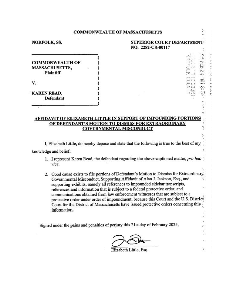 LDTEmeritus's tweet photo. Attorney Elizabeth Little filed an affidavit today explaining a little more about *why* the defense team wants to impound parts of the Extraordinary Governmental Misconduct motion. https://t.co/Wkm2TW0j4y