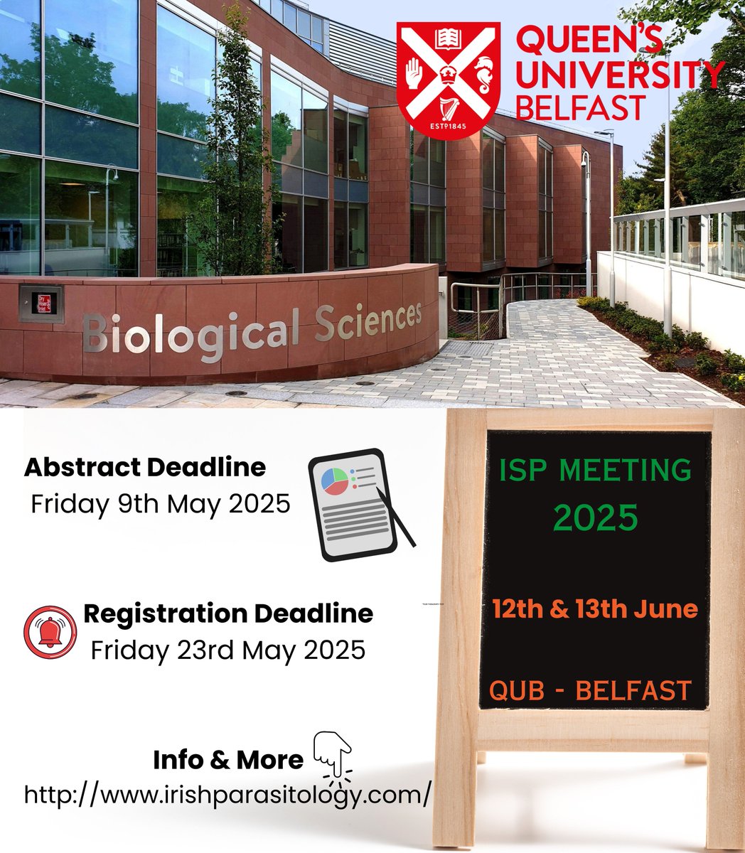 🚨 Calling all parasitology enthusiasts! 🚨

📢 The ISP Meeting 2025 at Queen’s University Belfast! 🏛️🔬

Join top researchers, students, and professionals for two days of exciting talks, networking, and cutting-edge parasitology!

🔗 Info: irishparasitology.com

#ISP2025
