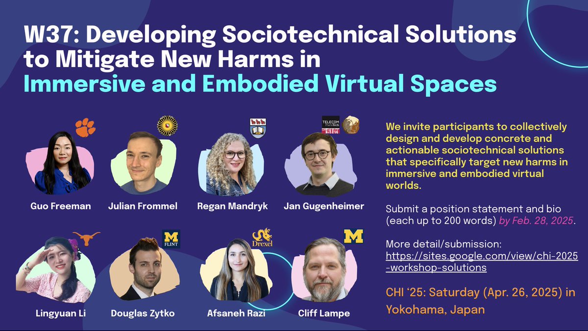 Lingyuan Li (@vermouth_bliss) on Twitter photo 🌟Come to join our hybrid #CHI2025 workshop to explore actionable solutions to mitigate new harms in immersive and embodied virtual spaces! 
✍️Website/submission: sites.google.com/view/chi-2025-… 🌟Come to join our hybrid #CHI2025 workshop to explore actionable solutions to mitigate new harms in immersive and embodied virtual spaces! 
✍️Website/submission: sites.google.com/view/chi-2025-…