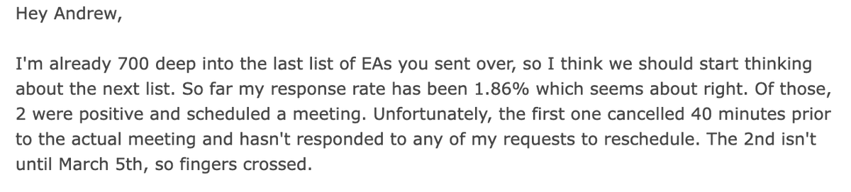 _agarner's tweet photo. This is a PERFECT example of the difference between trying DIY vs. hiring a pro to run your outbound.

Two Clients in the events space targeting EA's:

> First client just wanted list building for a cheaper rate (DIY). Sure thing.

> Second client is letting us run the entire process, with retainer + revenue share (DFY). 

A ~10x greater result for Client #2. Why?

1. We know what works, based on data from hundreds of active campaigns. 
2. We test faster, run more volume, and thus get signal quicker. 
3. We work with our clients to make their offer stand out.
4. Our messaging is spot-on. Written for 1 person and scaled to thousands. 
5. Full time inbox management, responding to leads in sub-30 mins (usually sub-5).

Unless you're 100% committed to learning the skill set and becoming a pro, your ROI is almost always going to be greater by going with a trusted DFY product.