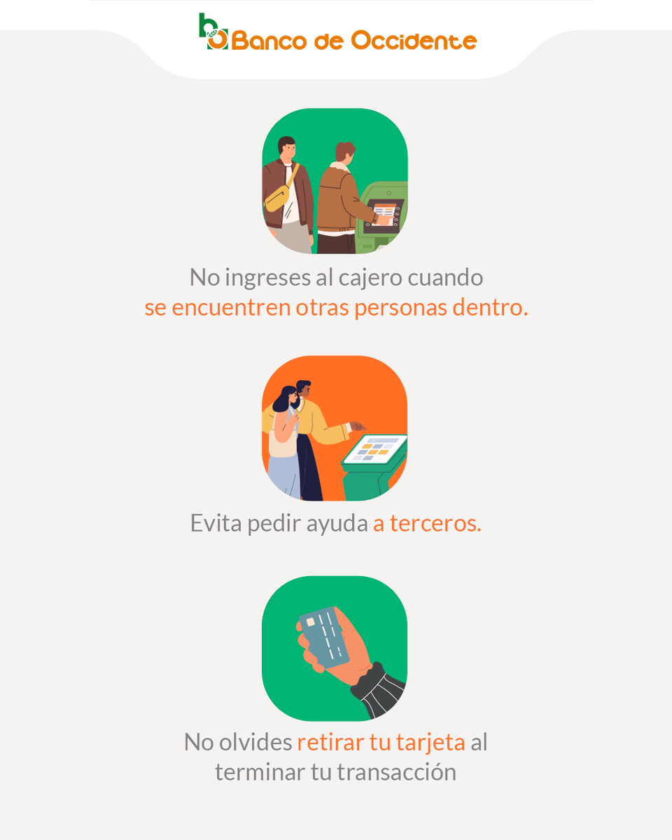 Recuerda tomar las siguientes precauciones cada vez que visites el cajero automático. 

#educacionfinanciera #prevenir  #tarjetas